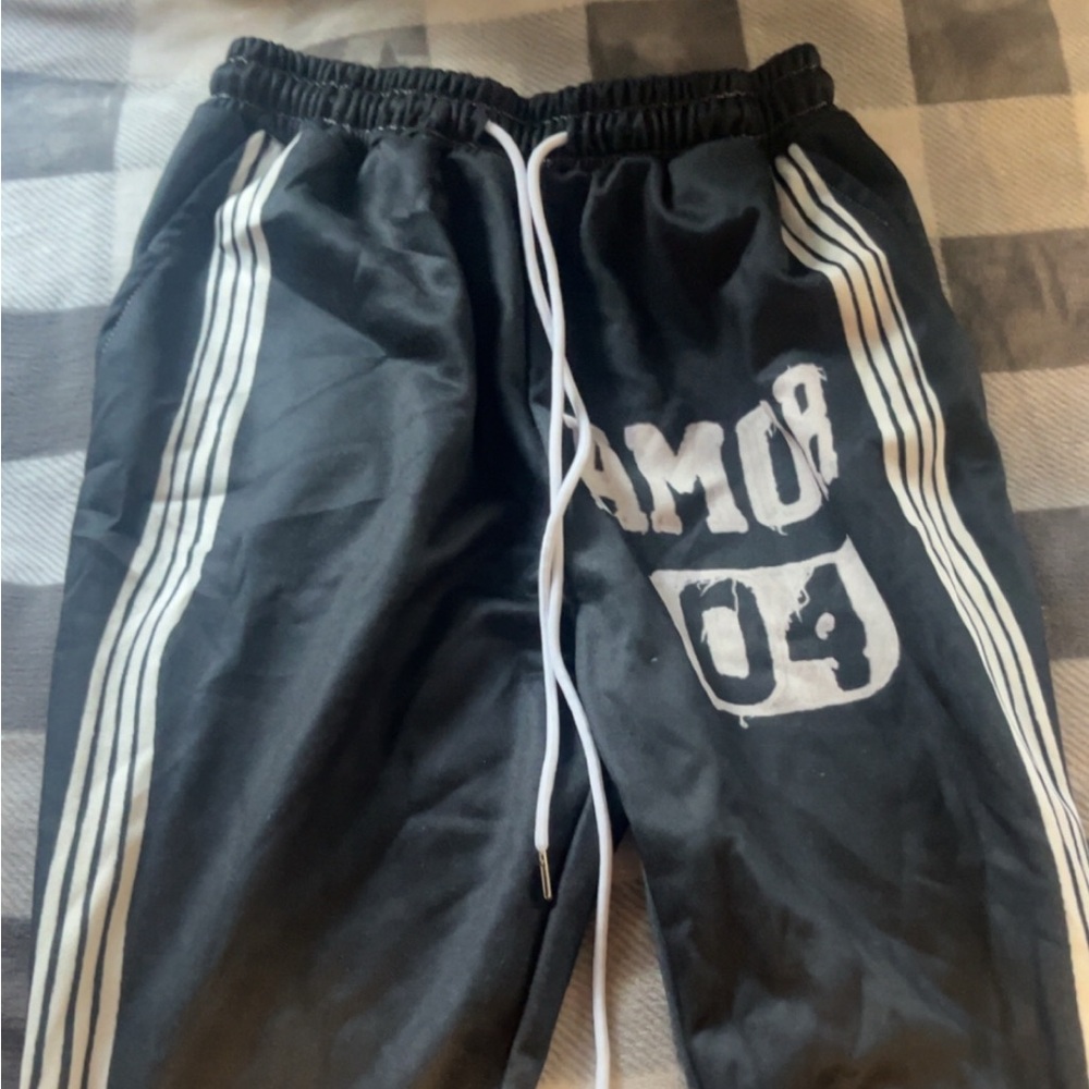 Black Joggers with White Stripes and Graphic